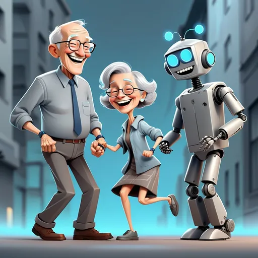 Prompt: illustrations for a book-cover,flat design,simple shapes,vector,urban chic shades of gray with some blue highlights,2D, cartoon characters, grandparents laughing and dancing with a robot