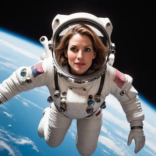 Prompt: pretty woman in her thirties, in a space suit, floating through space.