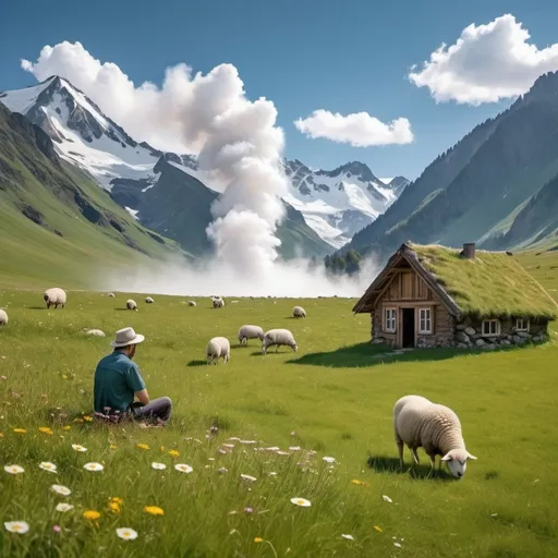 Prompt: Create a 4K image, a man sitting in a big grass meadow looking at towering snowy mountains in the distance, its a sunny day with some clouds and lot of flowers blooming in the meadow, there is small hut in the grassland with smoke coming out of its chimney. One waterfall in the distance and some sheeps grazing grass near the waterfall. 