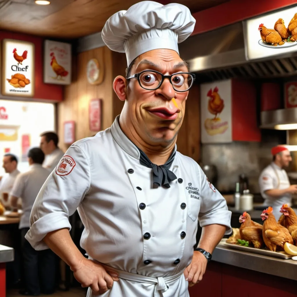 Prompt: The body of a chef and the face of a strong, smart, successful, experienced chicken who owns a fried chicken shop and sells it, wearing a chef’s outfit.
