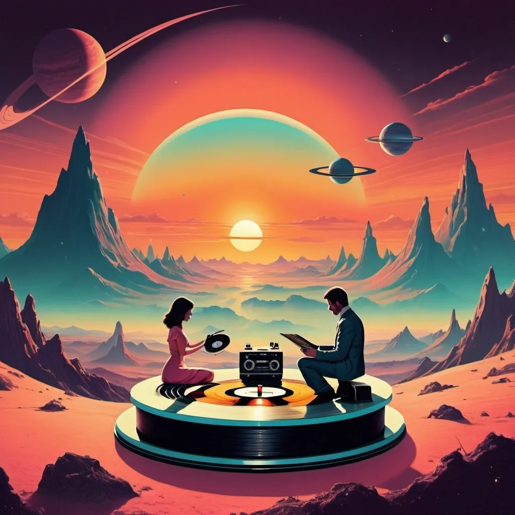 Prompt: retro futuristic landscape, space, romantic, couple in love, vinyl records, vinyl player, planet, sunset, mountains, surrealism, psychedelic art