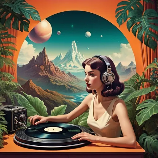 Prompt: retro futuristic old cinema surrealistic landscape young woman listen vinyl record plants mountains psychedelic planets tropical leaves