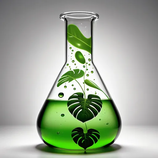 Prompt: "Create a drawn image of an flat bottom non-roundted Erlenmeyer flask filled with a small amount of vibrant green liquid at the bottom. Inside the flask, place a Monstera leaf, its distinctive holes and splits clearly visible. Bubbles of varying sizes are rising up into the air from the small amount of green liquid, creating a sense of movement and life. The background should be softly blurred to emphasize the flask and its contents, with gentle lighting that highlights the textures of the leaf and the liquid."