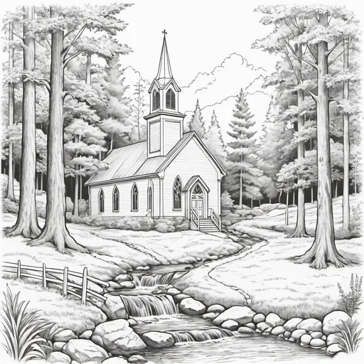Prompt: Country church in the forest with a stream flowing in front of it coloring page.