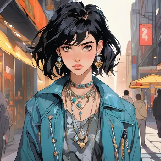 Prompt: MASTERPIECE; A teenage; short black hair with undercut; hazel eyes; youthful-looking; wearing a jacket; street style; pretty; good-looking; necklace; jewels.