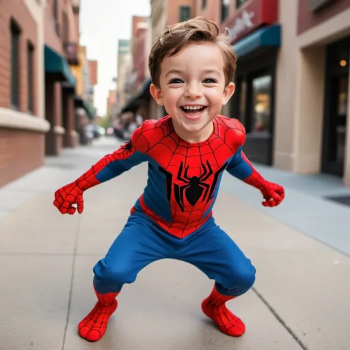 Prompt: Disney style Spider Man little boy with a big smile in an action pose.