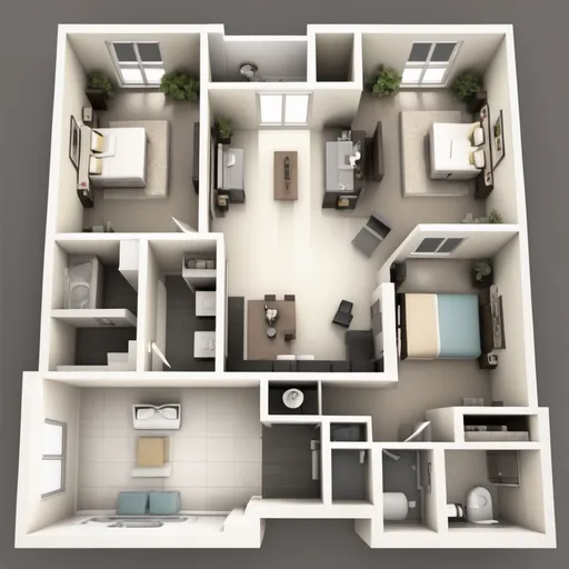 Prompt: Design 2 bedroom apartment (Note: Each bedroom should be master bedroom, Along entry walkway for Laundry room with WC+Sink, Kitchen Separate from Living Room, WIndows for Face of house be full drop down)

