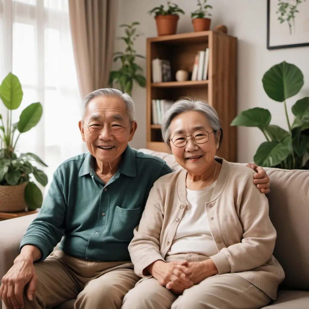 Prompt: /imagine A happy elderly couple with Asian features sitting together on a comfortable couch in a cozy, well-decorated living room. The room is bright with natural light, and there are plants and family photos around. The couple looks content and is holding hands.
