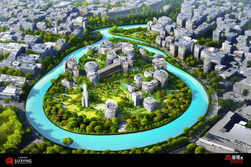 Prompt: Cao Buxing city plan, a vibrant, intricate design featuring a flowing river gracefully winding through the urban landscape, highlighted alongside a lush, circular park situated at the center. Immerse in full photorealism with an isometric view, showcasing refined architectural details, vivid greenery, and urban textures, rendered as a stunning matte painting, presenting a harmonious blend of nature and architecture in a lively atmosphere.