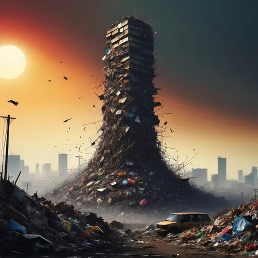 Prompt: The entire earth is covered in garbage. A huge tower of garbage has formed on the earth.
Give me more realistic cinematic lighting and image in 16:9 ratio