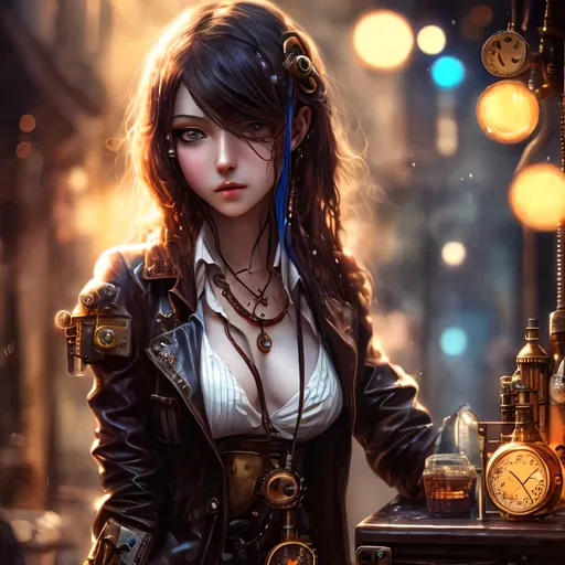 Prompt: photo realistic, masterpiece, uhd, Steampunk style, wet bar, (blue headed girl) , small chest, Long legs, Nice navel, diffused soft light, Bokeh