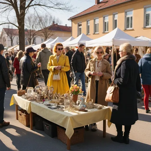 Prompt: East european garage sale day golden hour, people dressed for spring,  various objects in sight, jewels, clothing, decoration