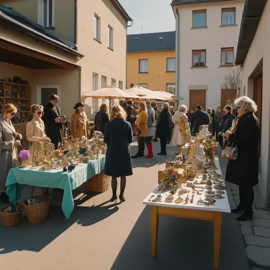 Prompt: East european garage sale day golden hour, people dressed for spring,  various objects in sight, jewels, clothing, decoration, wide shot, chique people modern, wide shot