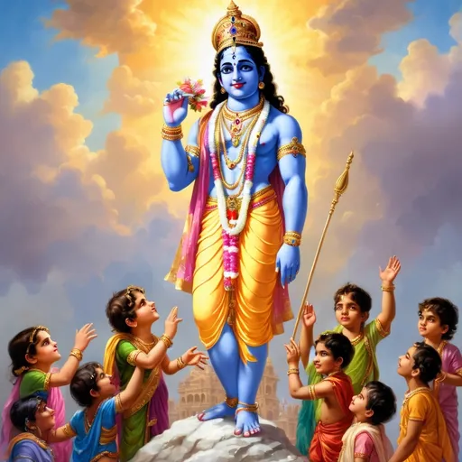 Prompt: God Krishna majestically towering over some poor children in heavenly colors