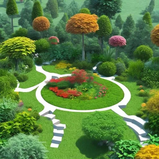 Prompt: Generate Natural image for Garden in which have Trees, birds, stools, and humans