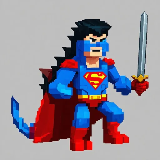 Prompt: Superman Fighting mobzilla from minecraft Orespawn with the Royal Guardian Sword; wearing the Royal Guardian Armor