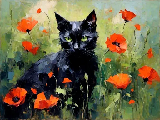 Prompt: <mymodel>short haired female petite black cat with green eyes next to poppy flowers