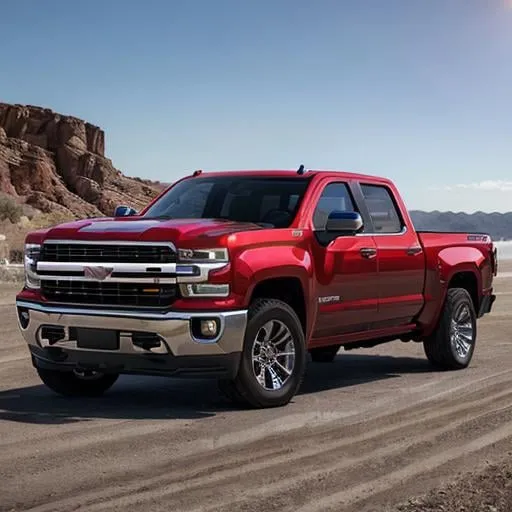 Prompt: Photorealistic digital rendering of a vibrant red 2018 Silverado 1500 with chrome details, clear blue sky background, high quality, realistic style, vivid red, shiny chrome, detailed interior, polished finish, professional lighting, clear blue sky