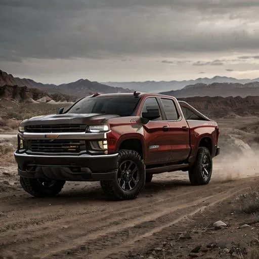 Prompt: Chevrolet Silverado 1500 2018, red in a rugged off-road setting, street, high definition, realistic, detailed texture, photo-realistic, rugged, dusty, off-road, truck, 2018 model, high quality, 4k, realistic, detailed, rugged terrain, dusty atmosphere, truck details, photo-realistic, red, drift, finish