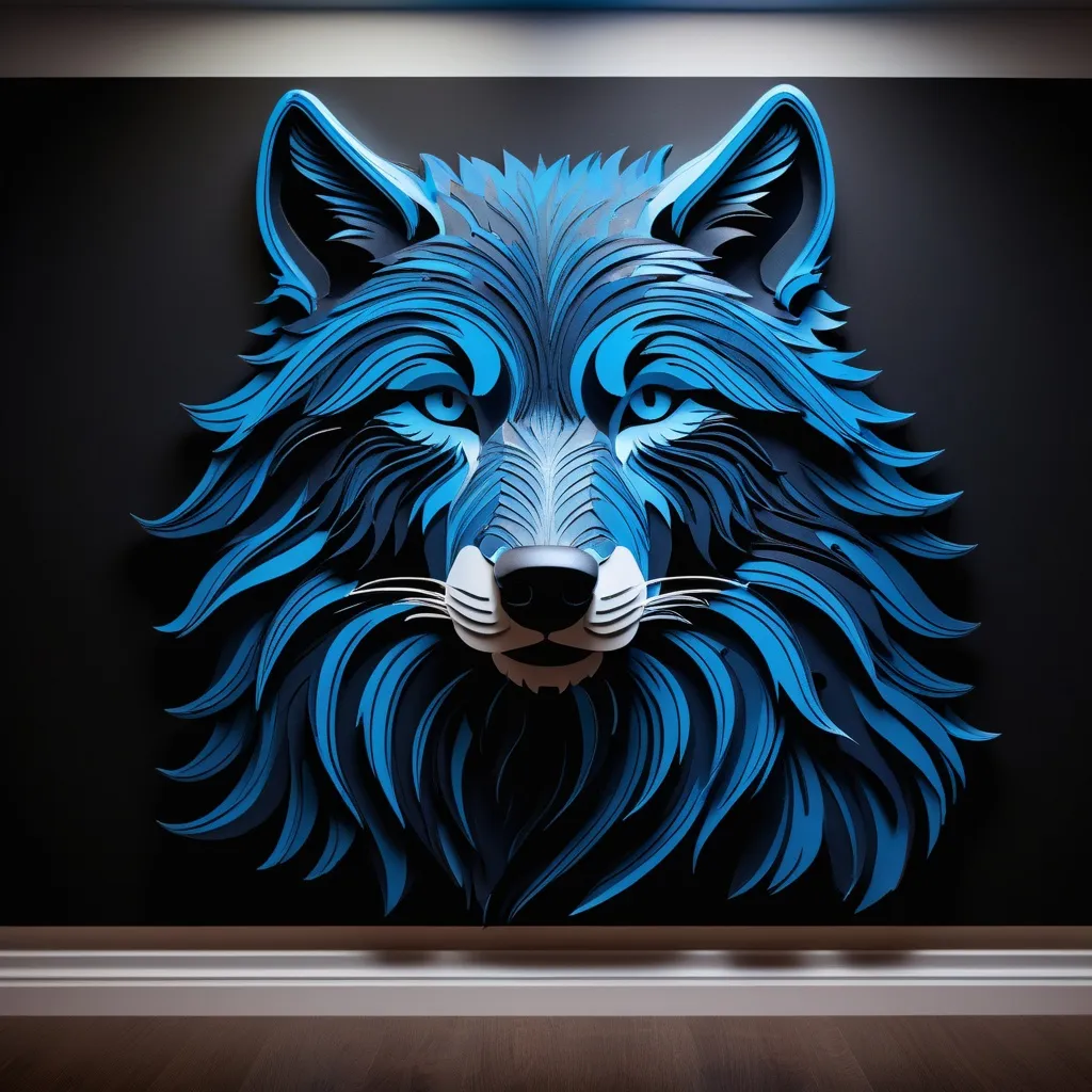 Prompt: The HDMI-connected 3D image is truly top-notch, exuding remarkable realism and intricate details, and boasting deep, intense black hues. It appears to be a sheet of paper displayed on the wall. Picture a detailed, long-haired wolf silhouette with intricate blue and neon patterns.The picture is created using computer software to produce a 3D representation, not captured through traditional photography.
