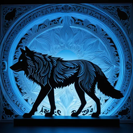 Prompt: The HDMI-connected 3D image is truly top-notch, exuding remarkable realism and intricate details, and boasting deep, intense black hues. It appears to be a sheet of paper displayed on the wall. Picture a detailed, long-haired wolf silhouette with intricate blue and neon patterns.The picture is created using computer software to produce a 3D representation, not captured through traditional photography.
