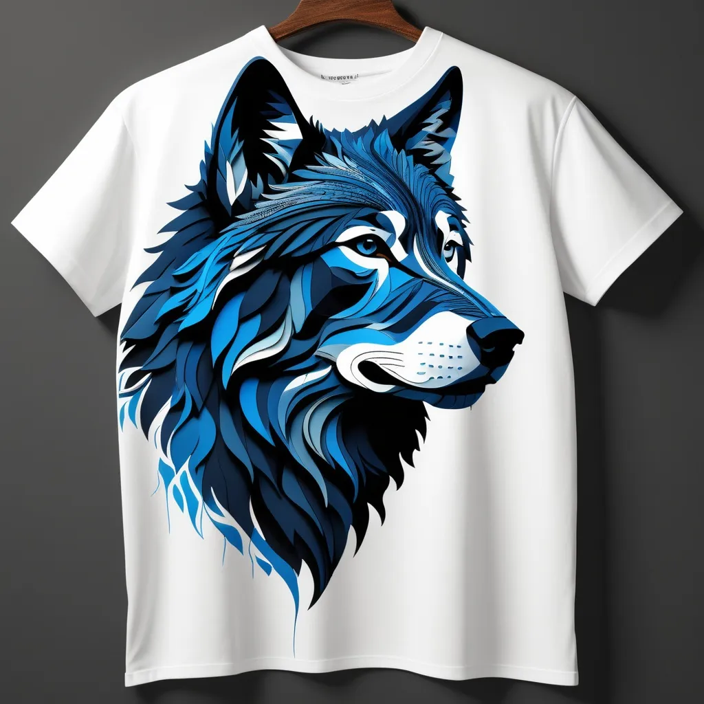 Prompt: T-shirt Design, The HDMI-connected 3D image is truly top-notch, exuding remarkable realism and intricate details, and boasting deep, intense black hues. It appears to be a sheet of paper displayed on the wall. Picture a detailed, long-haired wolf silhouette with intricate blue and neon patterns.The picture is created using computer software to produce a 3D representation, not captured through traditional photography.
