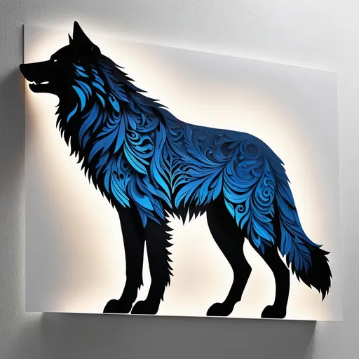 Prompt: 🫥🫥🫥The HDMI-connected 3D image is truly top-notch, exuding remarkable realism and intricate details, and boasting deep, intense black hues. It appears to be a sheet of paper displayed on the wall. Picture a detailed, long-haired wolf silhouette with intricate blue and neon patterns.The picture is created using computer software to produce a 3D representation, not captured through traditional photography.🫥🫥🫥
