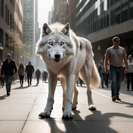 Prompt: In a bustling urban street, a tall man strides confidently, gripping the leash of an enormous white wolf that towers over him, its fierce eyes piercing through the crowd. The wolf's thick, shimmering fur reflects the sunlight, creating an ethereal glow around it. The scene is rich in detail, with the textures of the concrete pavement, the reflections in the glass buildings, and the varied expressions of onlookers—some captivated, others fearful. Cinematic lighting casts dramatic shadows, enhancing the tension and awe as the man