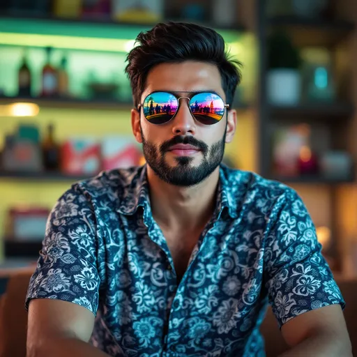 Prompt: Sporting stylish round sunglasses that reflect a vibrant, colorful scene, a man sits poised in a casual indoor setting, exuding a laid-back charm. His dark hair, neatly styled, complements a patterned shirt featuring intricate designs in shades of blue and white, enhancing his relaxed demeanor. Behind him, a softly lit shelf reveals various items, including bottles and boxes, suggesting an organized yet personal environment. The lighting in the room adds a warm glow, creating an inviting atmosphere that invites the viewer to share in his moment of leisure. The overall mood is one of confidence and ease, capturing a snapshot of casual, modern life.