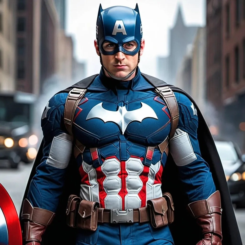 Prompt: A mix between Captain America and Batman 