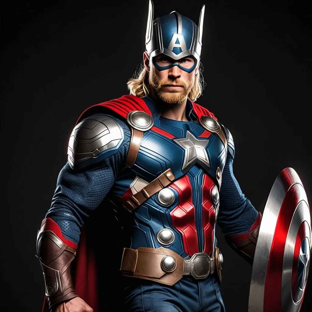 Prompt: A Mix between Thor and Captain America with shield combined. Full body. 