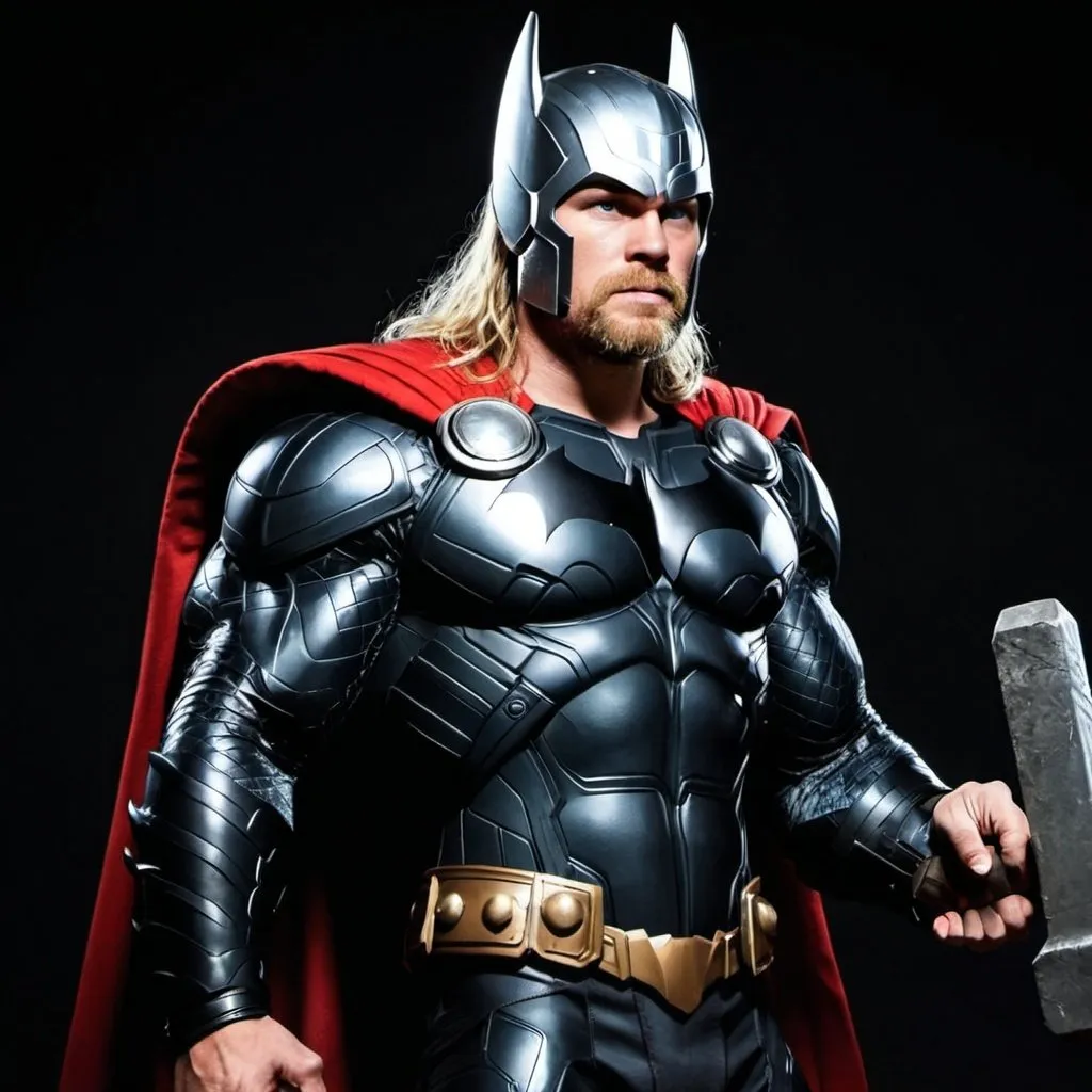 Prompt: Mix of Thor with hammer and Batman. And full body. 