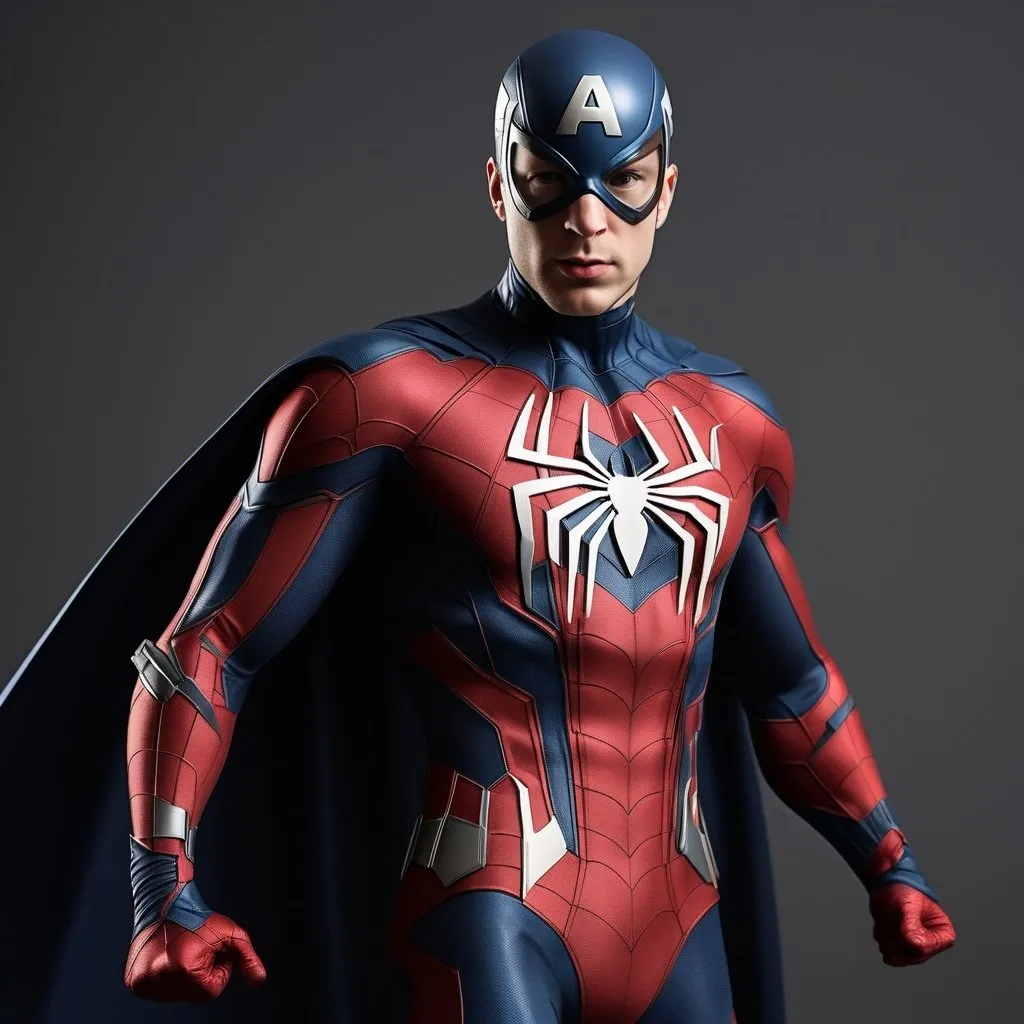 Prompt: Make a superhero that has the suit that looks like Spider-Man and Captain America combined. Make it a full body picture. And make it real life 