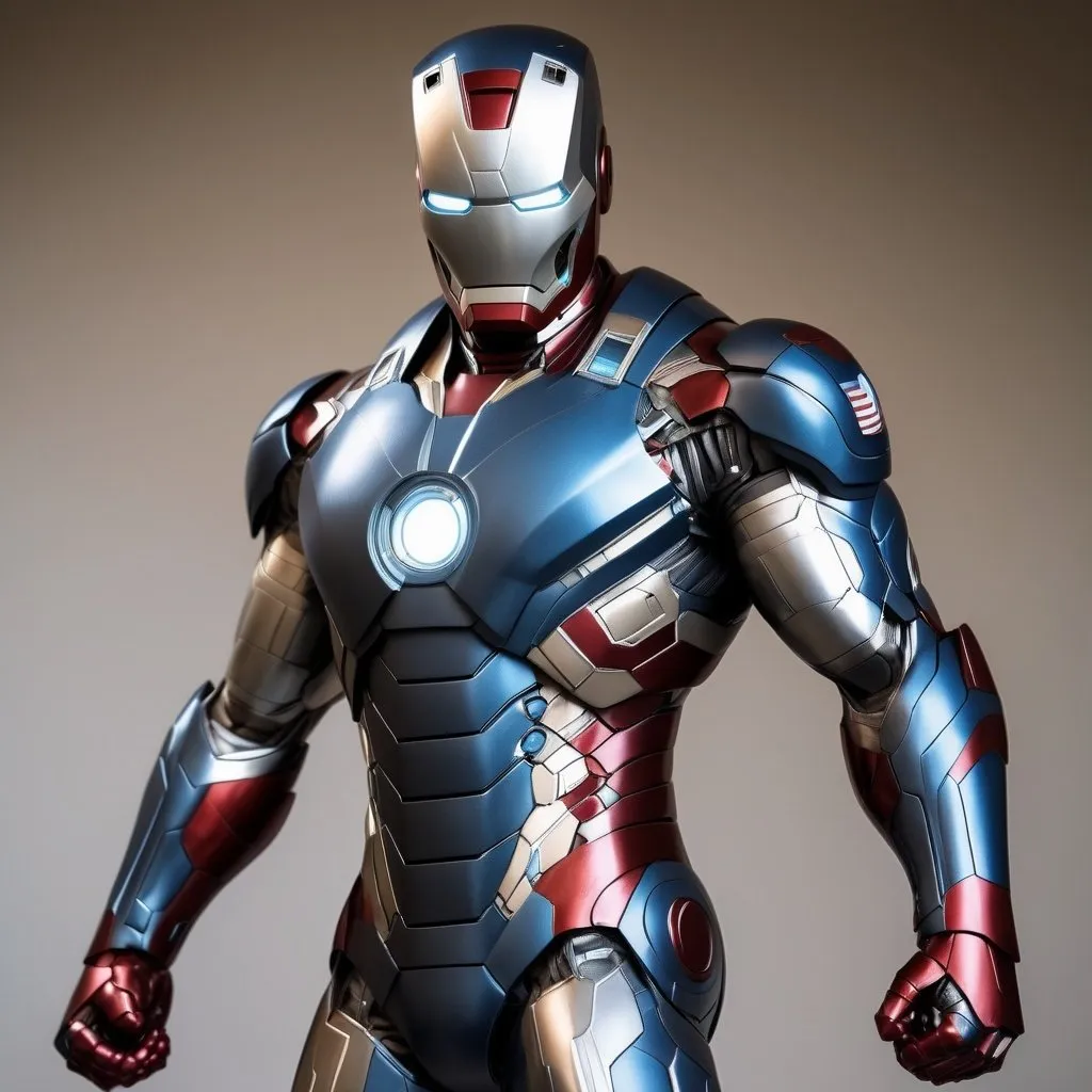 Prompt: Make a superhero that has the suit that looks like Iron Man and Captain America combined. Make it a full body picture. And make it real life 