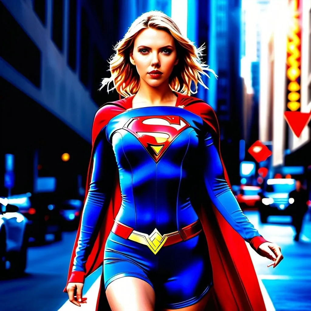 Prompt: High-resolution hyperrealistic photo of  Scarlett Johansson as a super hot and Scandalous supergirl, Full body.