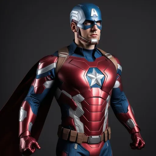 Prompt: Make a superhero that has the suit that looks like Captain America and Ironmancombined. Make it a full body picture. And make it real life 