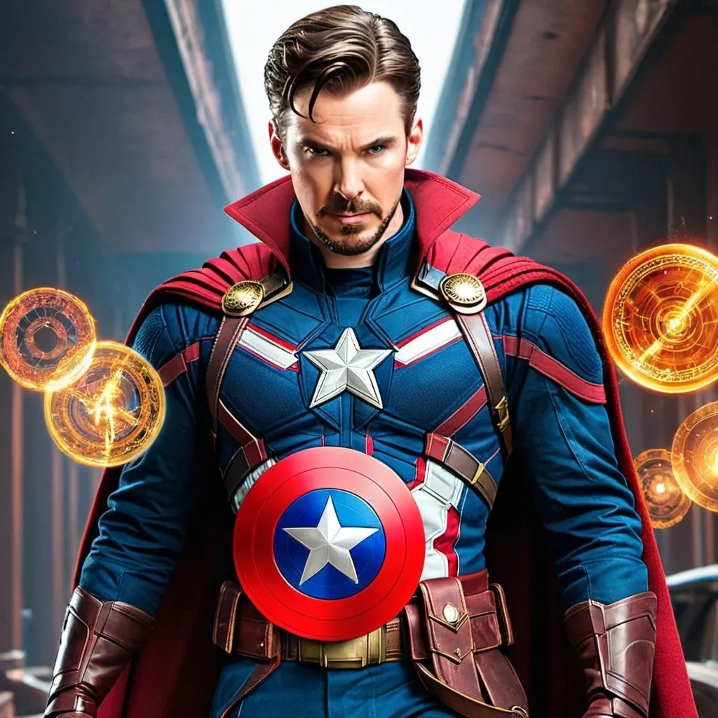 Prompt: A mix between Captain America and Doctor Strange 