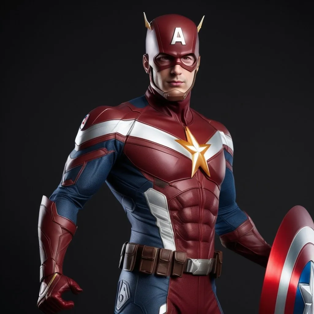 Prompt: Make a superhero that has the suit that looks like Captain America with his shield and The Flash combined. Make it a full body picture. And make it real life 