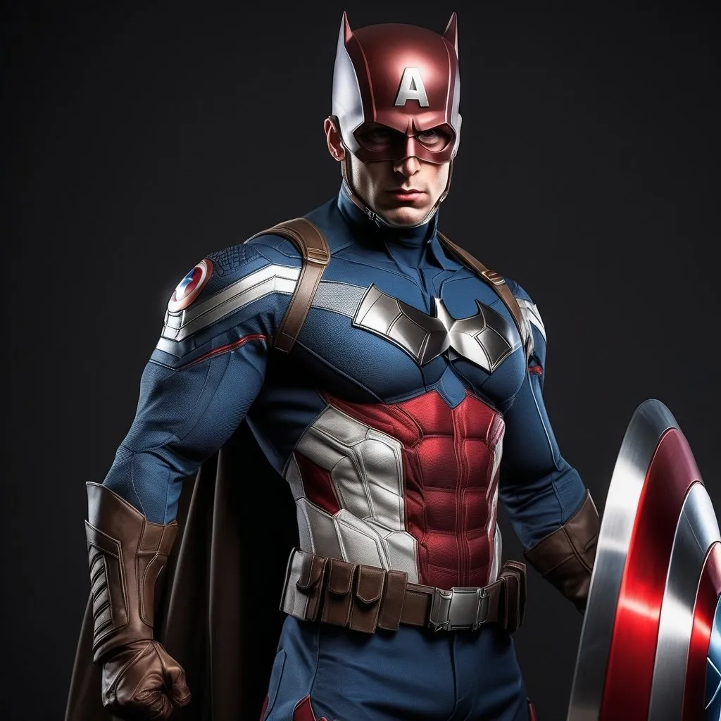 Prompt: Make a superhero that has the suit that looks like Captain America with his shield and Batman combined. Make it a full body picture. And make it real life 