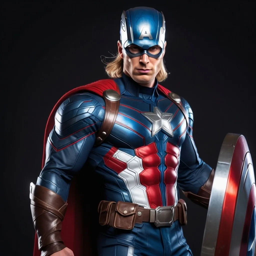 Prompt: A Mix between Captain America and Thor with hammer in other hand combined. Full body. 