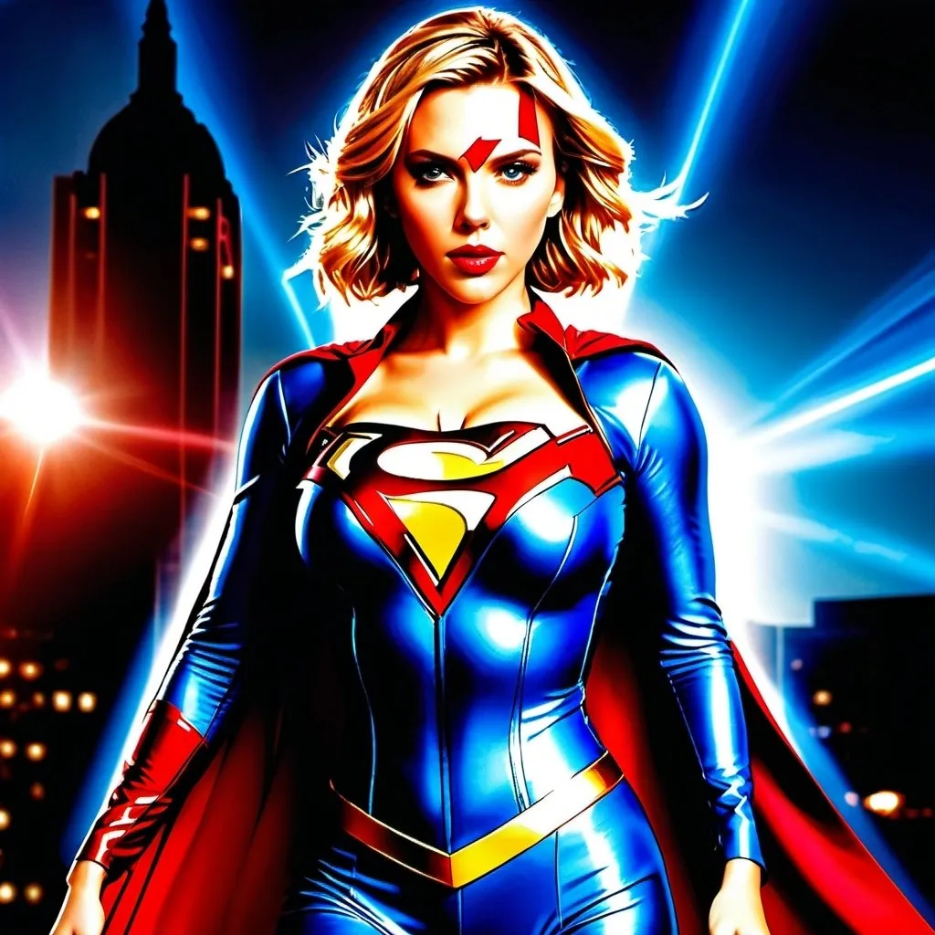 Prompt: High-resolution hyperrealistic photo of  Scarlett Johansson as a super hot and Scandalous, withcleavage, supergirl, Full body.