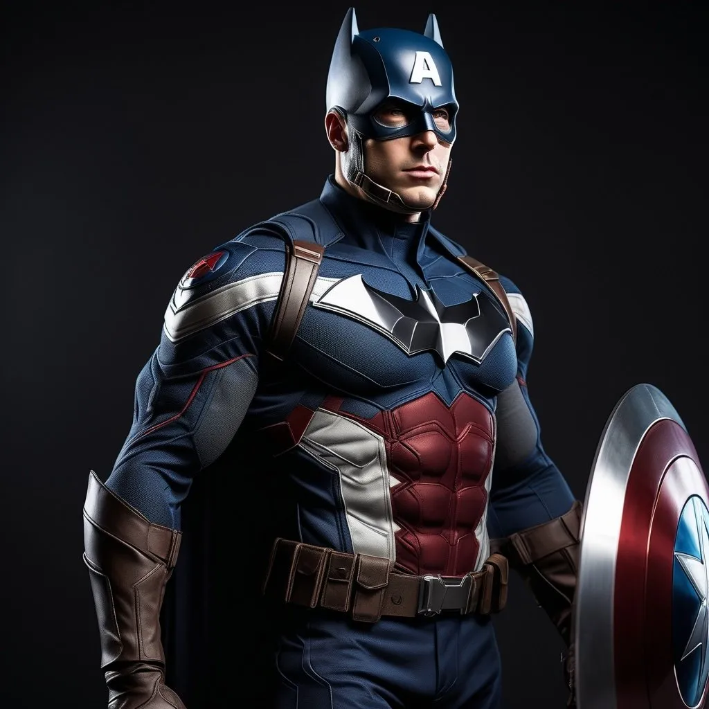 Prompt: Make a superhero that has the suit that looks like Captain America with his shield and Batman combined in all Black. Make it a full body picture. And make it real life 