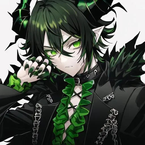 Prompt: a boy, he has black hair, green eyes, green curly horns, spikey collar, half mask, gothic, emo, black and green nails, black jacket, black and green curly horns, vtuber