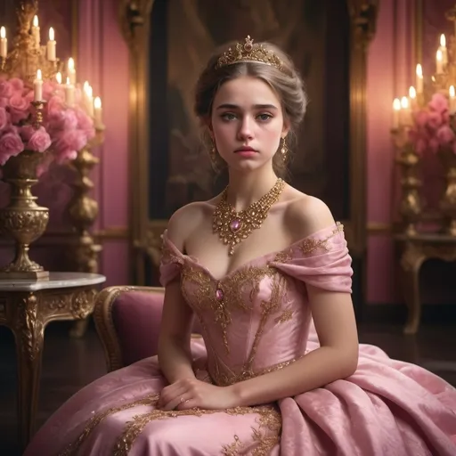 Prompt: A young woman that is a princess, wearing pink that is a little sad. She has a heap of expensive jewellery