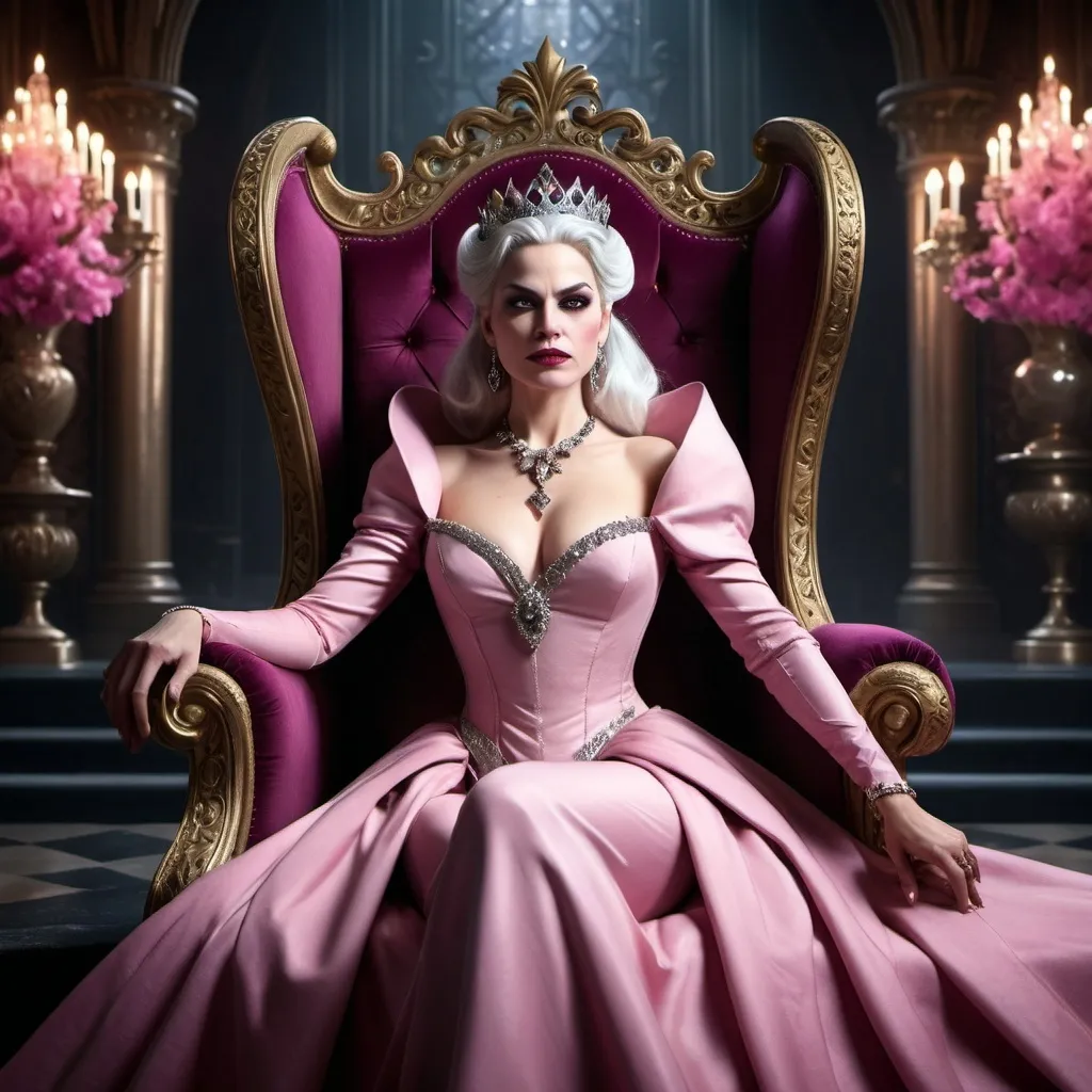 Prompt: Evil queen in a pick gown sitting on a throne with diamond jewellery and white hair  