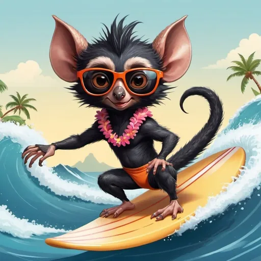 Prompt: aye-aye little animal surfing the sea in black sunglasses and hawaiian athlete in cartoon style