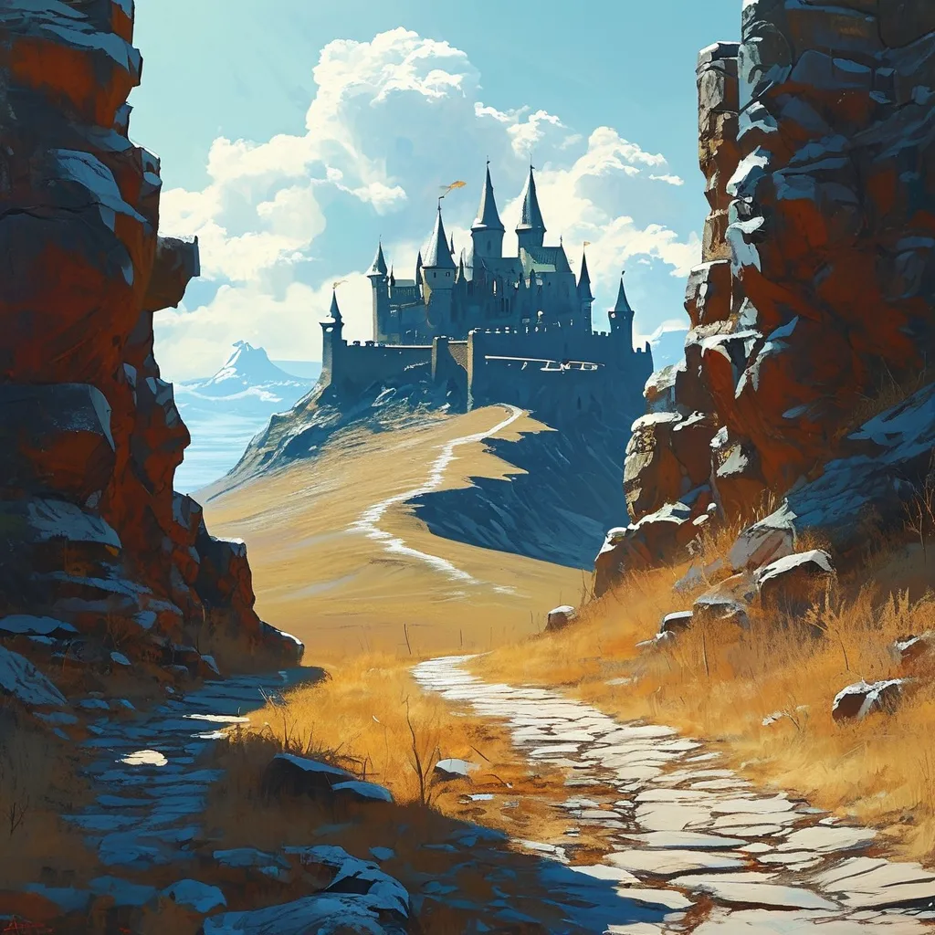 Prompt: A fantasy background, a castle is visible far away in the distance, a path is visible from us all the way to the castle, set in a barren wasteland