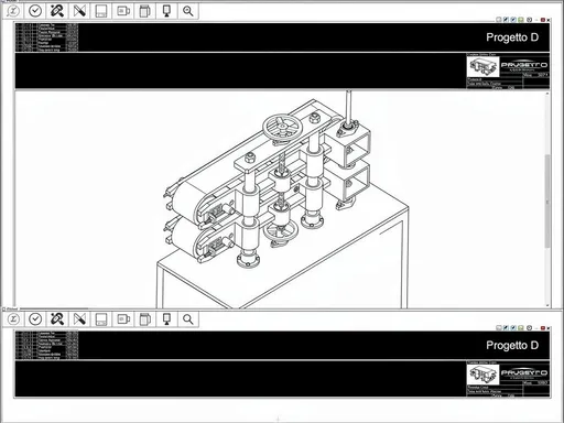 Prompt: This image is a digital screenshot of a black-and-white technical drawing app interface. The interface is divided into three horizontal sections, each displaying a different isometric diagram of a mechanical system, labeled "Progetto D" in white text at the top right of each section.

The top section shows a diagram of a rectangular structure with horizontal and vertical lines representing pipes or conduits. The structure is elevated slightly above a flat surface, with a small triangular symbol at the top left.

The middle section features a more complex diagram with additional vertical and horizontal lines, pipes, and cylindrical shapes. The structure is supported by four vertical lines, resembling legs, and includes a small circular element at the top right.

The bottom section presents a simplified diagram with fewer lines and elements. It includes a horizontal line at the top and a vertical line intersecting it, with a circular element at the center.

The background of the interface is black, with white borders separating the three sections. The interface also displays a status bar at the top with time "2:50," battery icon, signal strength, and Wi-Fi icons. The overall style is minimalist and technical, focusing on clear, precise line work to represent mechanical or industrial systems.