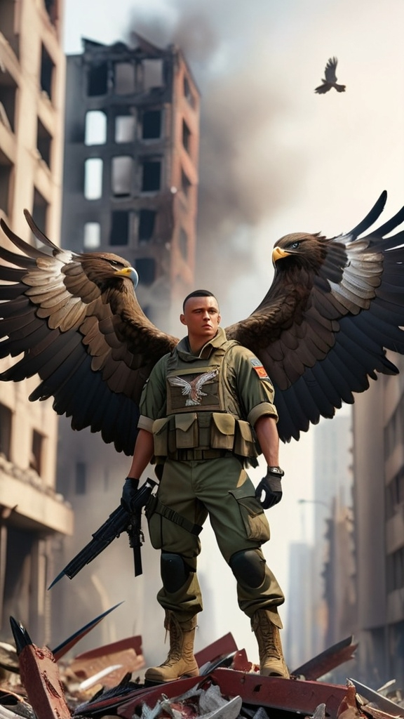 Prompt: A soldier wearing a complete combat uniform with an eagle's head, he stands forward and 2 eagle wings spread out behind, the tips of the wing feathers were like sharp steel knives, standing in the middle of a city destroyed by war.