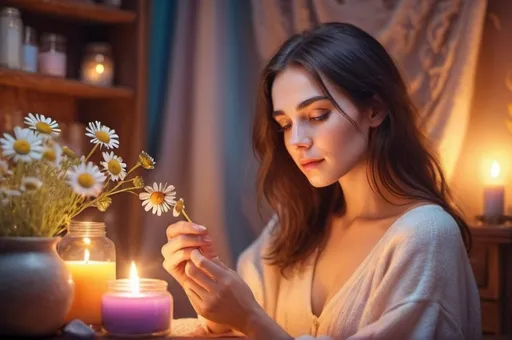 Prompt: Aromatherapy by chamomile, brunette woman in a cozy room, mystical atmosphere, magical environment, enchanting light, magical aura, detailed facial features, bright colors, high quality, pastel tones, profesional lighting. 